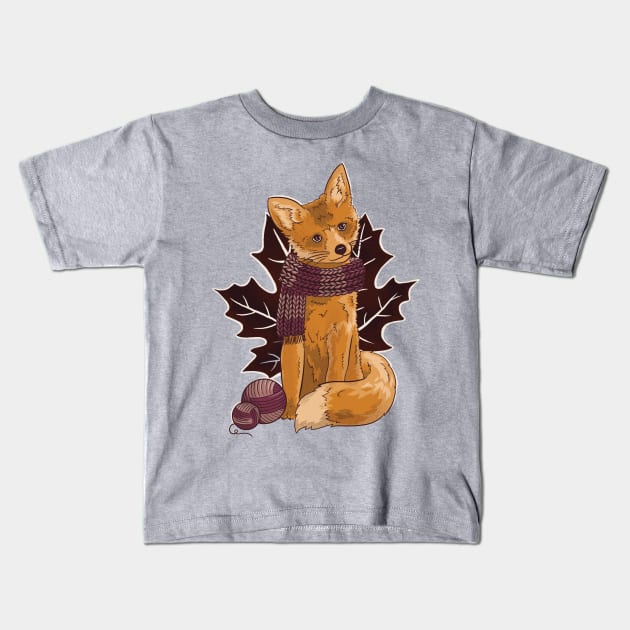 Fall Knitting Fox Kids T-Shirt by polliadesign